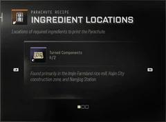 Turned Components Ingredient Locations panel showing Found primarily in the Imjin Farmland rice mill, Hajin City construction zone, and Namjijog Station.