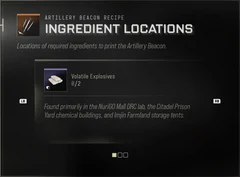 Volatile Explosives Ingredient Locations panel showing Found primarily in the NuriGO Mall DRC lab, the Citadel Prison Yard chemical buildings, and Imjin Farmland storage tents.