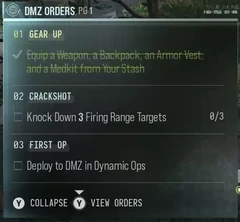 Orders page 1: Gear Up completed; Crackshot 0/3 and First Op unfinished