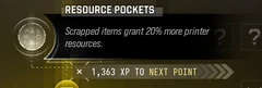 Resource Pockets selected Trait tooltip: Scrapped items grant 20% more Printer resources.