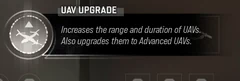 UAV Upgrade selected Trait tooltip: Increases the range and duration of UAVs. Also upgrades them to Advanced UAVs.