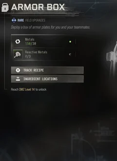 Armor Box selected DMZ Printer panel showing its recipe requirements and unlock condition