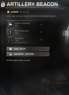 Artillery Beacon selected DMZ Printer panel showing its recipe requirements and unlock condition