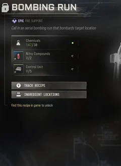 Bombing Run selected DMZ Printer panel showing its recipe requirements and unlock condition