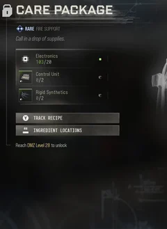 Care Package selected DMZ Printer panel showing its recipe requirements and unlock condition