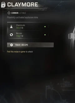 Claymore selected DMZ Printer panel showing its recipe requirements and unlock condition