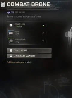 Combat Drone selected DMZ Printer panel showing its recipe requirements and unlock condition