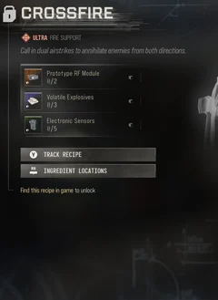 Crossfire selected DMZ Printer panel showing its recipe requirements and unlock condition