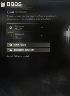DDOS selected DMZ Printer panel showing its recipe requirements and unlock condition