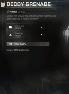 Decoy Grenade selected DMZ Printer panel showing its recipe requirements and unlock condition