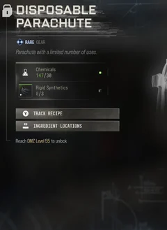 Disposable Parachute selected DMZ Printer panel showing its recipe requirements and unlock condition