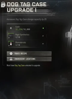 Dog Tag Case Upgrade I selected DMZ Printer panel showing its recipe requirements and unlock condition