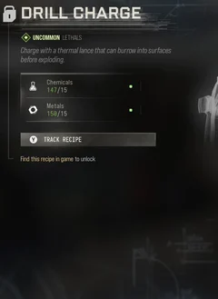 Drill Charge selected DMZ Printer panel showing its recipe requirements and unlock condition