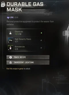 Durable Gas Mask selected DMZ Printer panel showing its recipe requirements and unlock condition