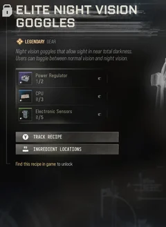Elite Night Vision Goggles selected DMZ Printer panel showing its recipe requirements and unlock condition