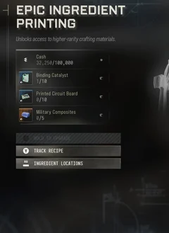 Epic Ingredient Printing selected DMZ Printer panel showing its recipe requirements and unlock condition