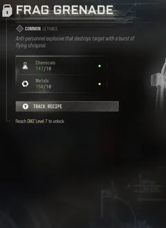 Frag Grenade selected DMZ Printer panel showing its recipe requirements and unlock condition