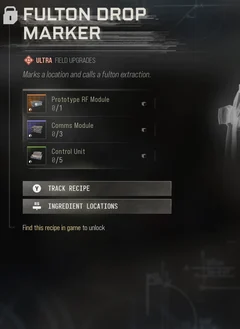 Fulton Drop Marker selected DMZ Printer panel showing its recipe requirements and unlock condition