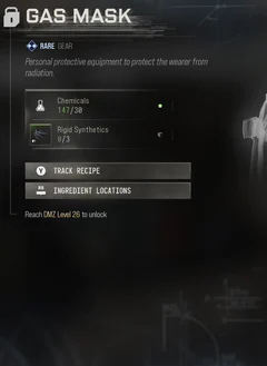 Gas Mask selected DMZ Printer panel showing its recipe requirements and unlock condition