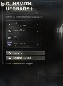 Gunsmith Upgrade I selected DMZ Printer panel showing its recipe requirements and unlock condition