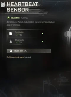 Heartbeat Sensor selected DMZ Printer panel showing its recipe requirements and unlock condition