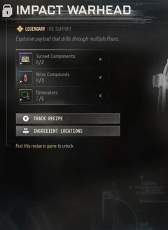 Impact Warhead selected DMZ Printer panel showing its recipe requirements and unlock condition