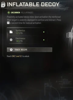 Inflatable Decoy selected DMZ Printer panel showing its recipe requirements and unlock condition