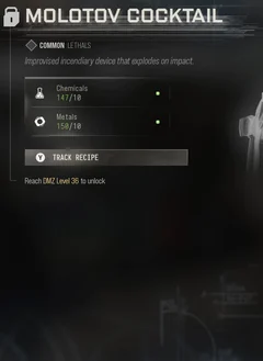 Molotov Cocktail selected DMZ Printer panel showing its recipe requirements and unlock condition