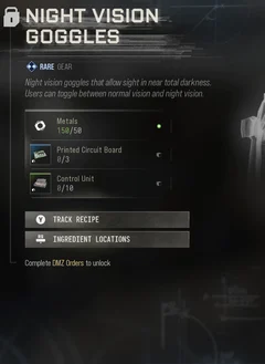 Night Vision Goggles selected DMZ Printer panel showing its recipe requirements and unlock condition