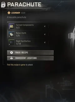 Parachute selected DMZ Printer panel showing its recipe requirements and unlock condition