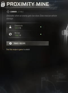 Proximity Mine selected DMZ Printer panel showing its recipe requirements and unlock condition