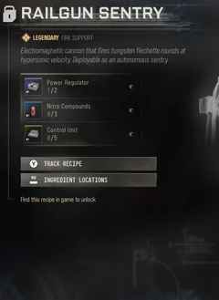 Railgun Sentry selected DMZ Printer panel showing its recipe requirements and unlock condition