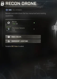 Recon Drone selected DMZ Printer panel showing its recipe requirements and unlock condition