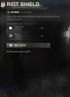 Riot Shield selected DMZ Printer panel showing its recipe requirements and unlock condition