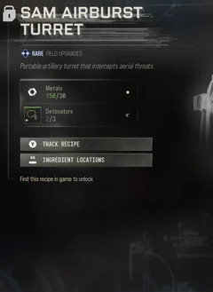 SAM Airburst Turret selected DMZ Printer panel showing its recipe requirements and unlock condition