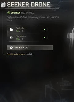 Seeker Drone selected DMZ Printer panel showing its recipe requirements and unlock condition