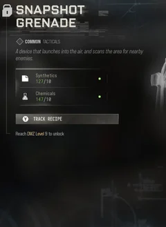 Snapshot Grenade selected DMZ Printer panel showing its recipe requirements and unlock condition