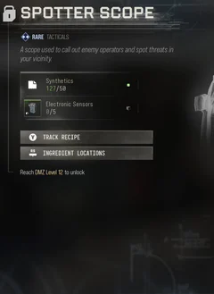 Spotter Scope selected DMZ Printer panel showing its recipe requirements and unlock condition
