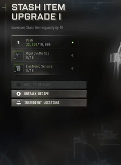 Stash Item Upgrade I selected DMZ Printer panel showing its recipe requirements and unlock condition
