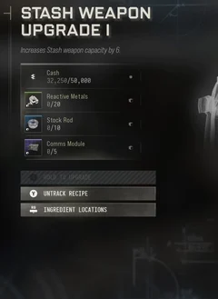 Stash Weapon Upgrade I selected DMZ Printer panel showing its recipe requirements and unlock condition