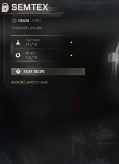 Sticky Grenade selected DMZ Printer panel showing its recipe requirements and unlock condition