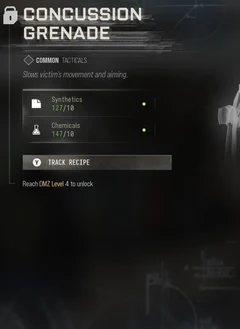 Stun Grenade selected DMZ Printer panel showing its recipe requirements and unlock condition