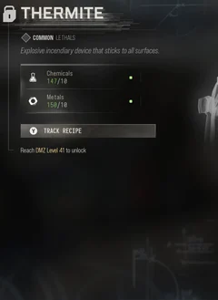 Thermite selected DMZ Printer panel showing its recipe requirements and unlock condition