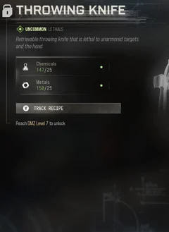 Throwing Knife selected DMZ Printer panel showing its recipe requirements and unlock condition