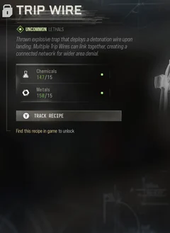 Trip Wire selected DMZ Printer panel showing its recipe requirements and unlock condition