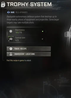 Trophy System selected DMZ Printer panel showing its recipe requirements and unlock condition