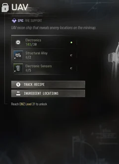 UAV selected DMZ Printer panel showing its recipe requirements and unlock condition