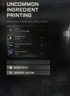 Uncommon Ingredient Printing selected DMZ Printer panel showing its recipe requirements and unlock condition
