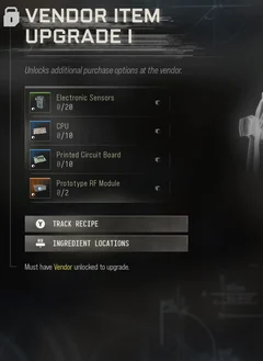 Vendor Item Upgrade I selected DMZ Printer panel showing its recipe requirements and unlock condition