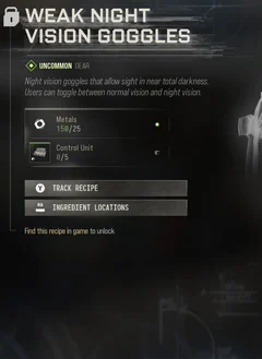 Weak Night Vision Goggles selected DMZ Printer panel showing its recipe requirements and unlock condition
